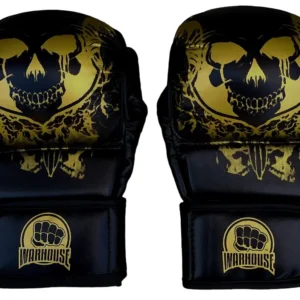 Rękawice MMA sparingowe złote, skóra syntetyczna, pianka, podwójny rzep, WarHouse Skull